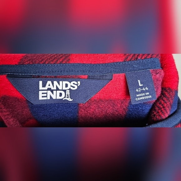 Lands End Heritage Fleece Snap Neck Pullover Red Navy Buffalo Checkers LARGE - Picture 4 of 7